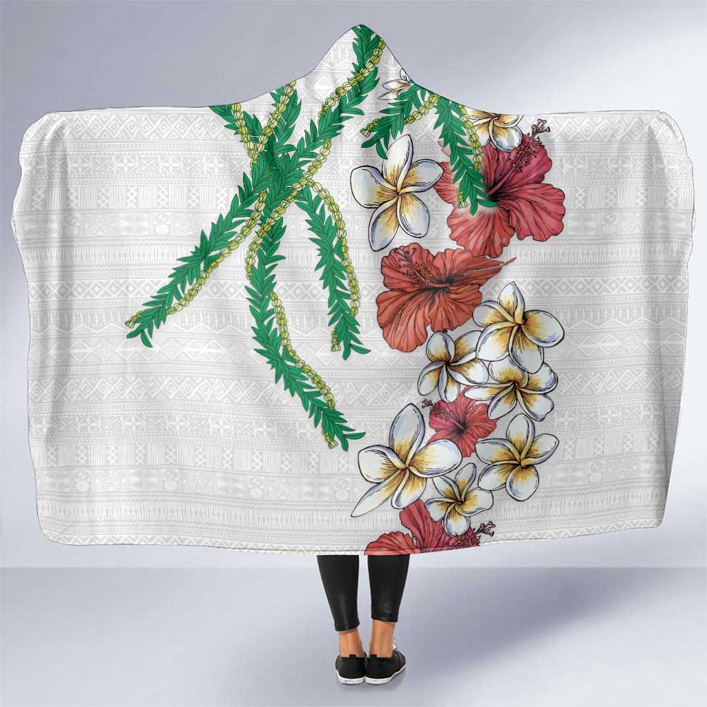 Hawaiian Tropical Flowers and Maile Pikake Hooded Blanket Polynesian Tribal Pattern White Color