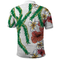 Hawaiian Tropical Flowers and Maile Pikake Polo Shirt Polynesian Tribal Pattern White Color