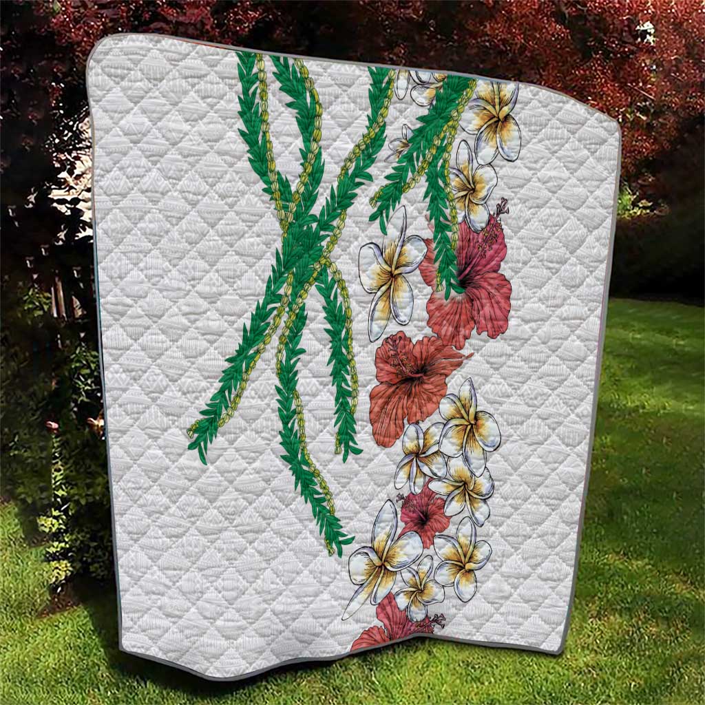 Hawaiian Tropical Flowers and Maile Pikake Quilt Polynesian Tribal Pattern White Color