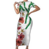 Hawaiian Tropical Flowers and Maile Pikake Short Sleeve Bodycon Dress Polynesian Tribal Pattern White Color LT03 Long Dress White - Polynesian Pride