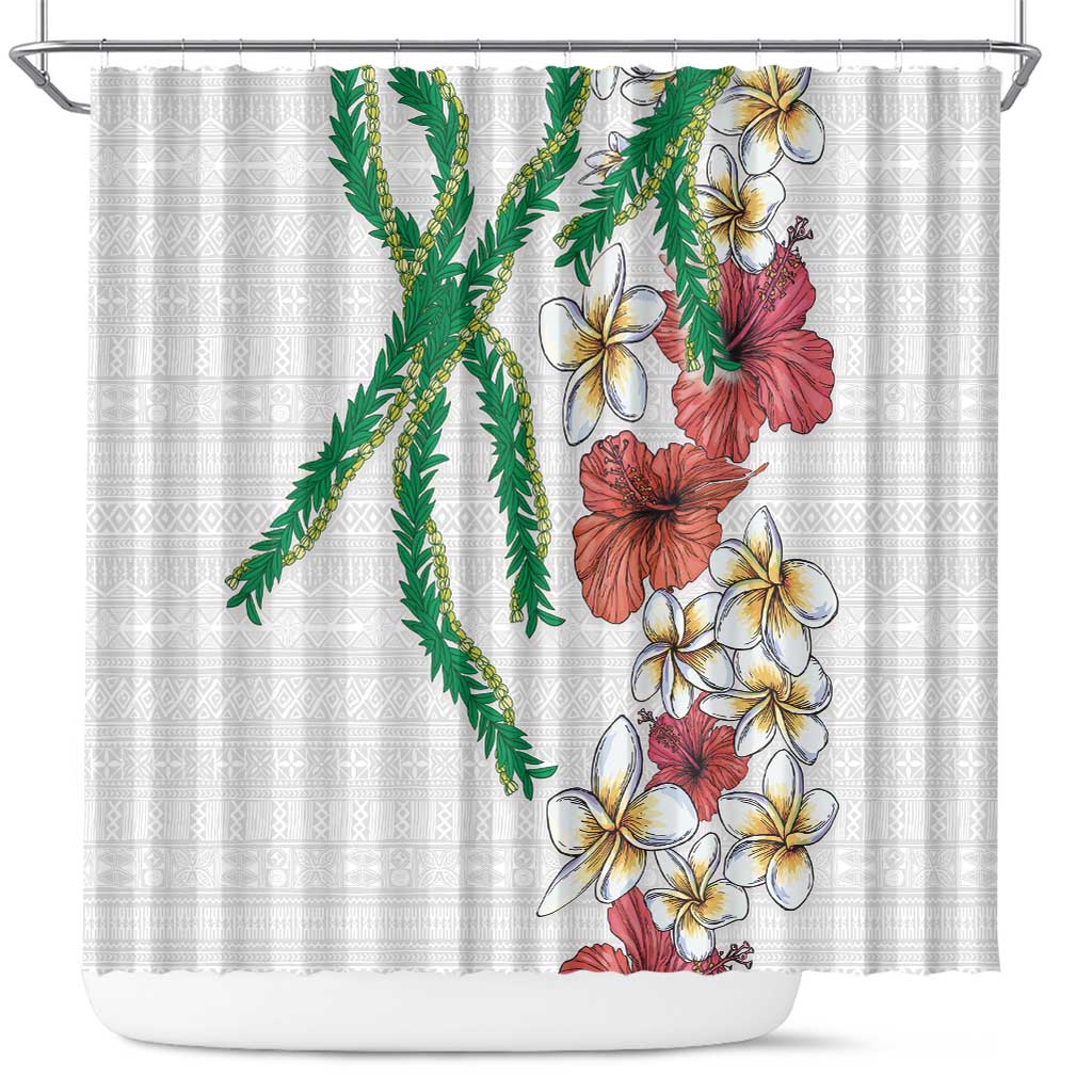 Hawaiian Tropical Flowers and Maile Pikake Shower Curtain Polynesian Tribal Pattern White Color