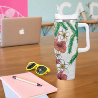 Hawaiian Tropical Flowers and Maile Pikake Tumbler With Handle Polynesian Tribal Pattern White Color