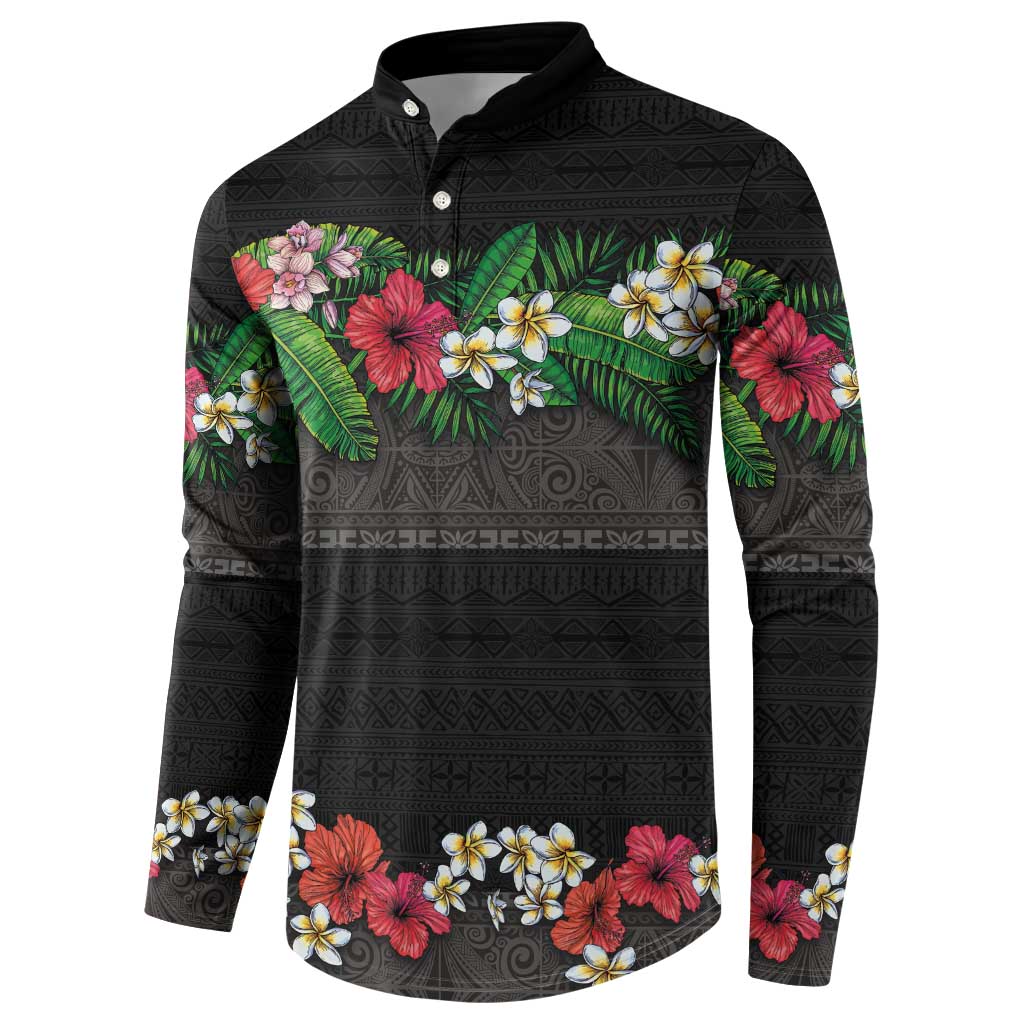 Hawaiian Tropical Flowers and Tribal Polynesian Tattoo Button Sweatshirt Black Color