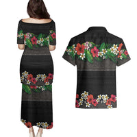 Hawaiian Tropical Flowers and Tribal Polynesian Tattoo Couples Matching Puletasi and Hawaiian Shirt Black Color