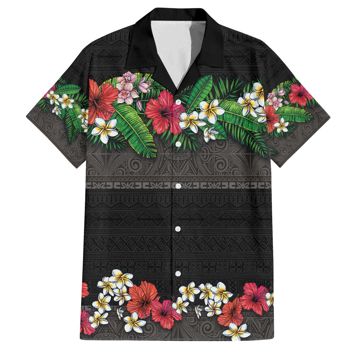 Hawaiian Tropical Flowers and Tribal Polynesian Tattoo Family Matching Off The Shoulder Long Sleeve Dress and Hawaiian Shirt Black Color