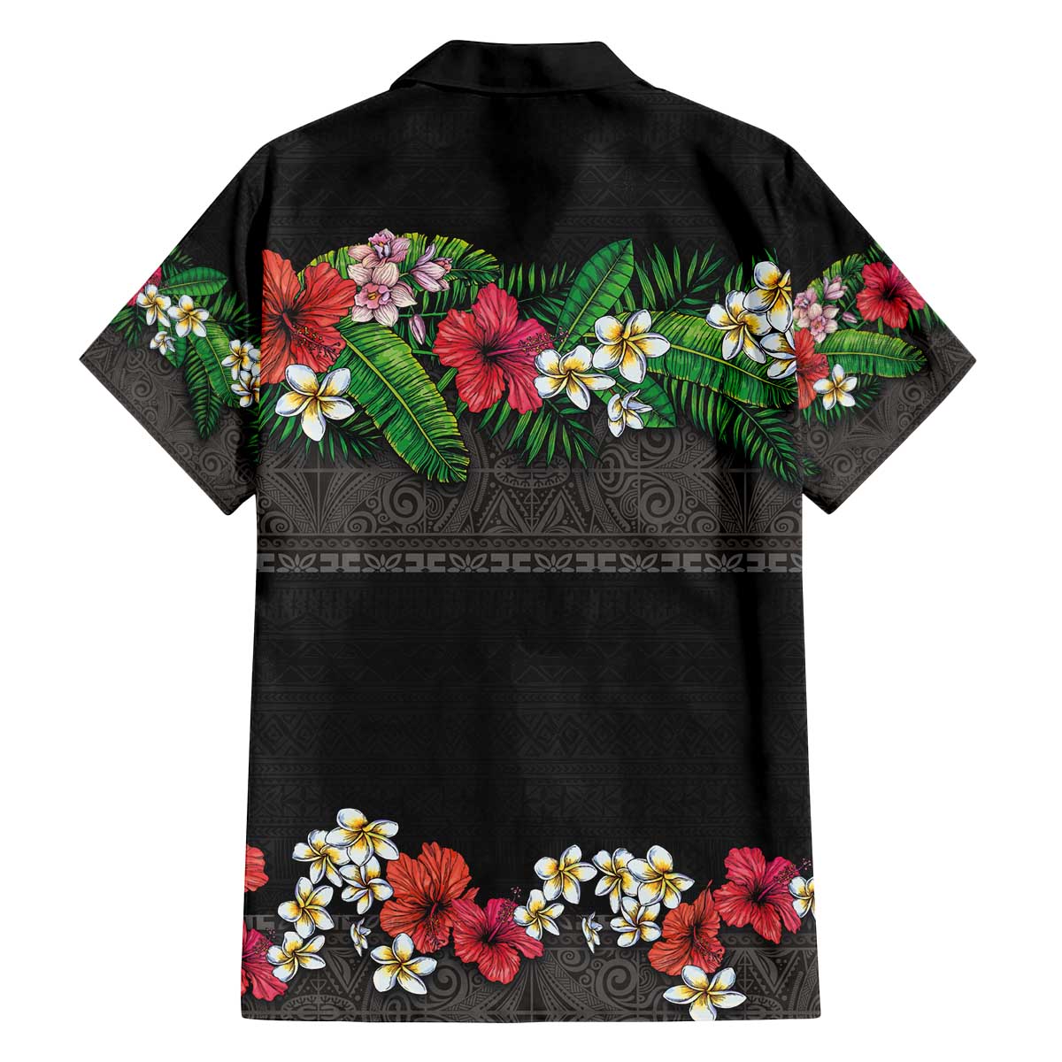 Hawaiian Tropical Flowers and Tribal Polynesian Tattoo Family Matching Off The Shoulder Long Sleeve Dress and Hawaiian Shirt Black Color