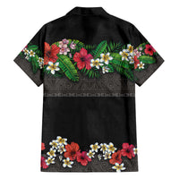 Hawaiian Tropical Flowers and Tribal Polynesian Tattoo Family Matching Off Shoulder Short Dress and Hawaiian Shirt Black Color