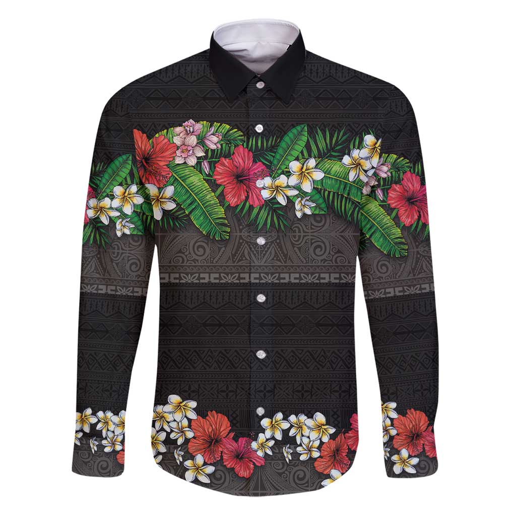 Hawaiian Tropical Flowers and Tribal Polynesian Tattoo Family Matching Puletasi and Hawaiian Shirt Black Color