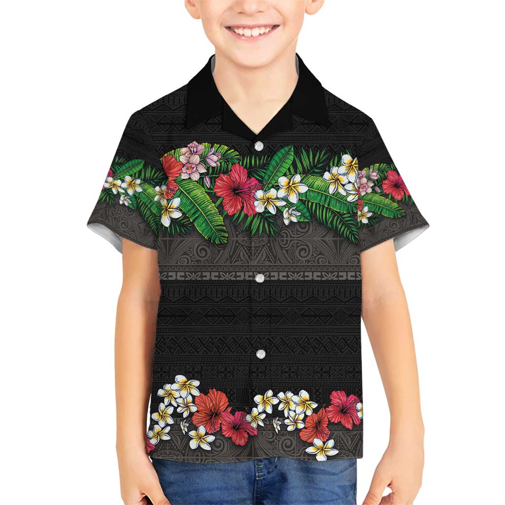 Hawaiian Tropical Flowers and Tribal Polynesian Tattoo Family Matching Puletasi and Hawaiian Shirt Black Color