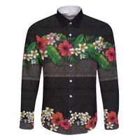 Hawaiian Tropical Flowers and Tribal Polynesian Tattoo Family Matching Short Sleeve Bodycon Dress and Hawaiian Shirt Black Color