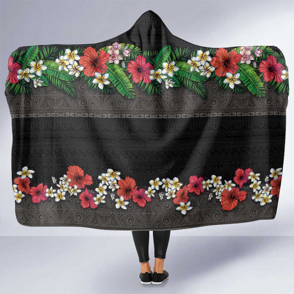 Hawaiian Tropical Flowers and Tribal Polynesian Tattoo Hooded Blanket Black Color