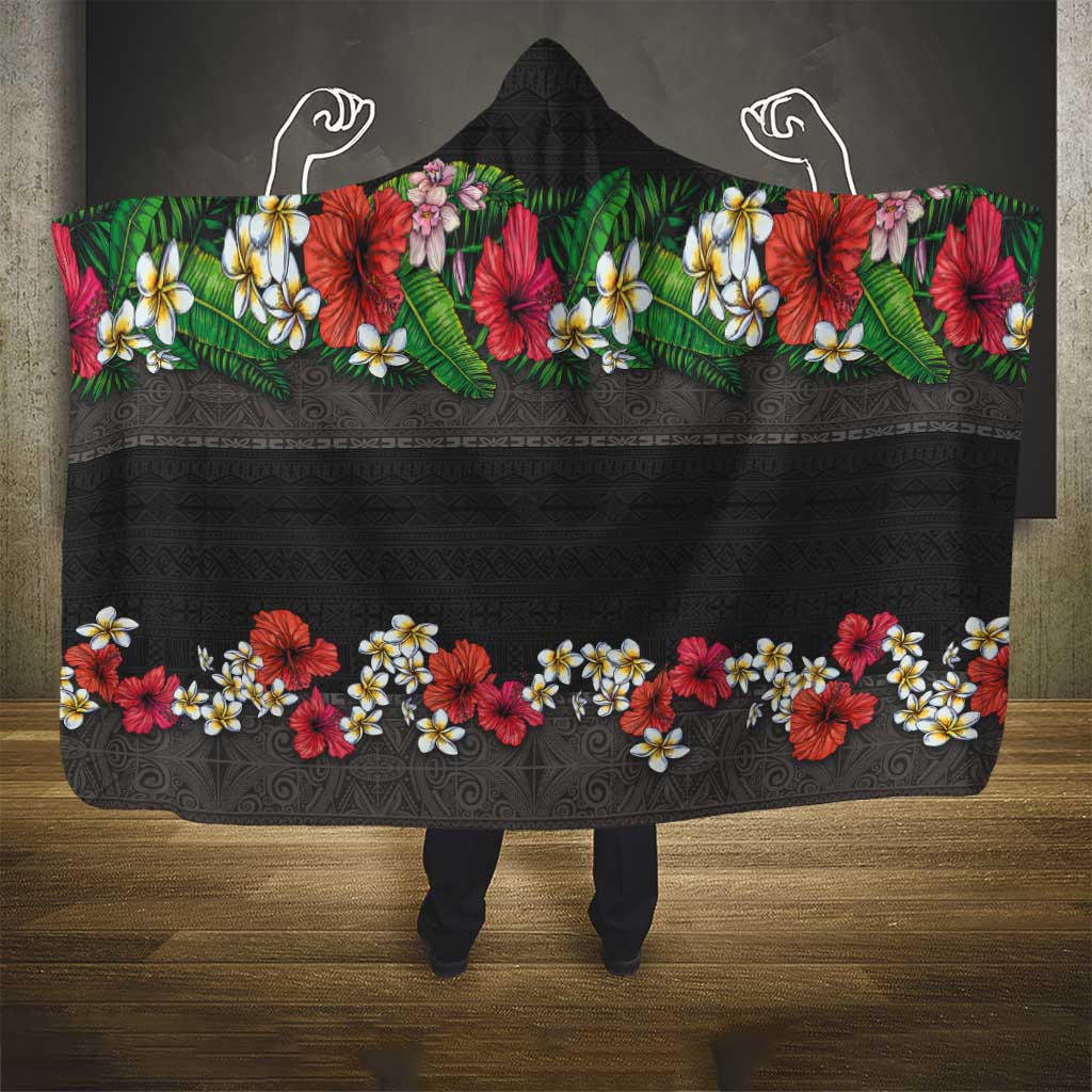 Hawaiian Tropical Flowers and Tribal Polynesian Tattoo Hooded Blanket Black Color