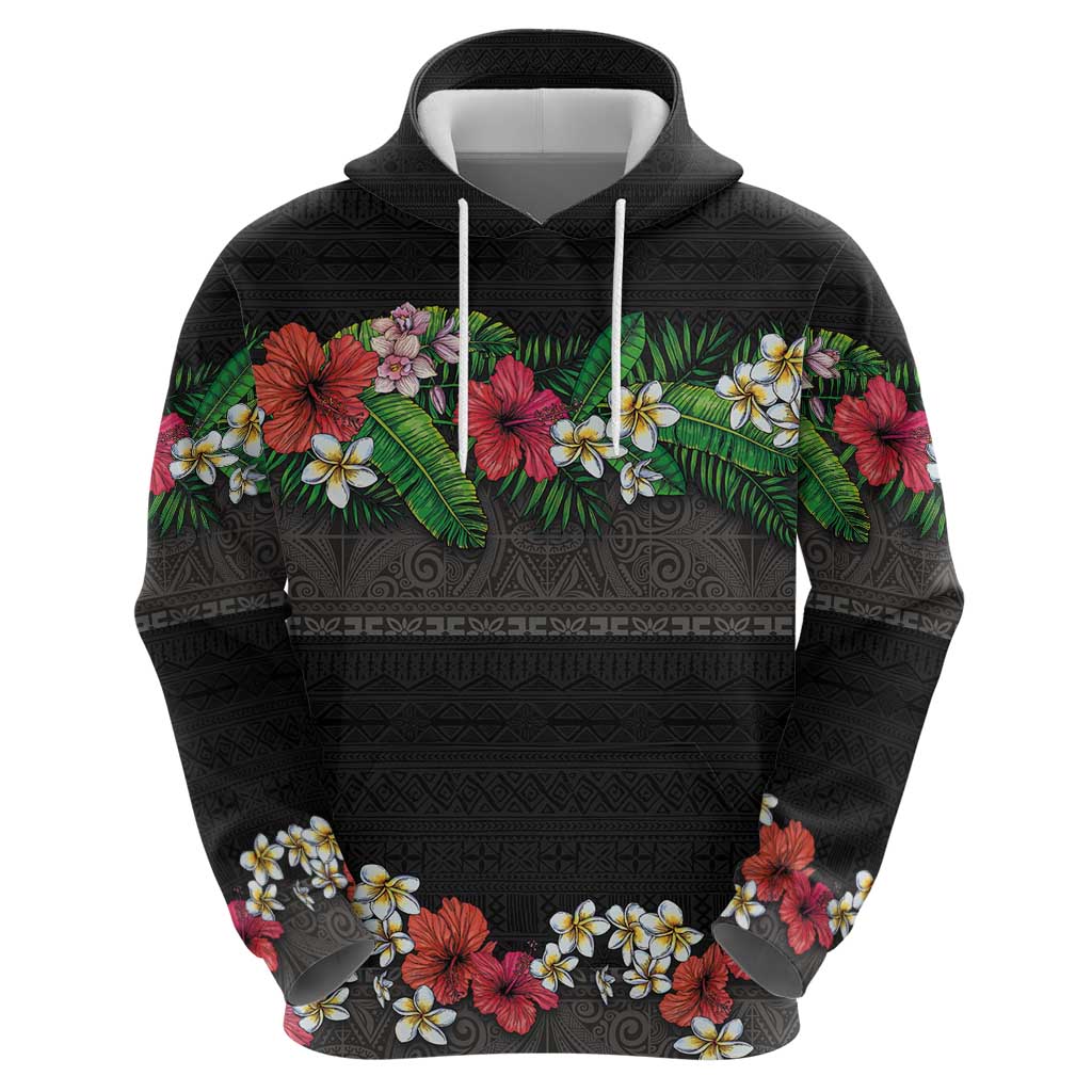Hawaiian Tropical Flowers and Tribal Polynesian Tattoo Hoodie Black Color