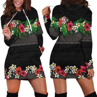 Hawaiian Tropical Flowers and Tribal Polynesian Tattoo Hoodie Dress Black Color