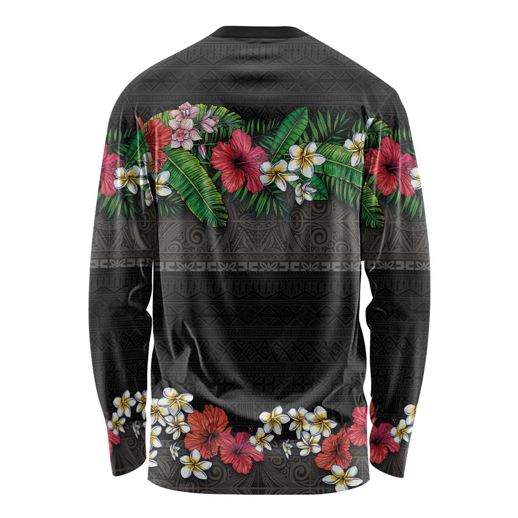 Hawaiian Tropical Flowers and Tribal Polynesian Tattoo Long Sleeve Shirt Black Color