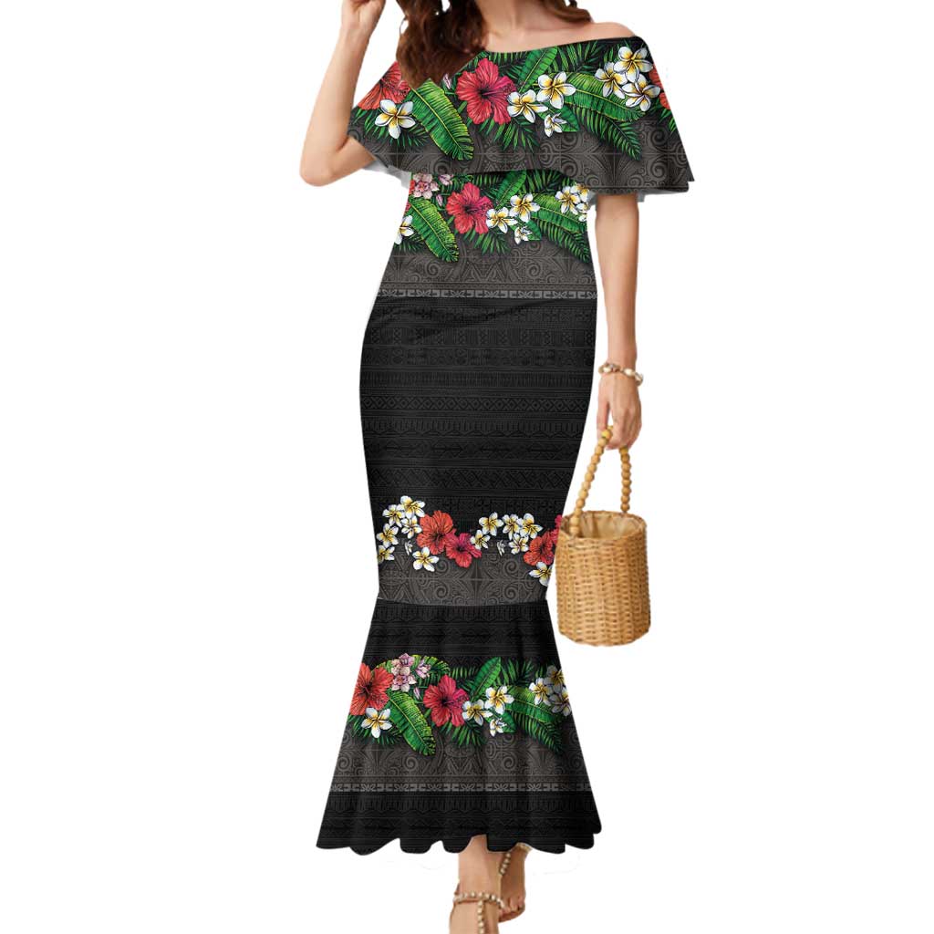 Hawaiian Tropical Flowers and Tribal Polynesian Tattoo Mermaid Dress Black Color