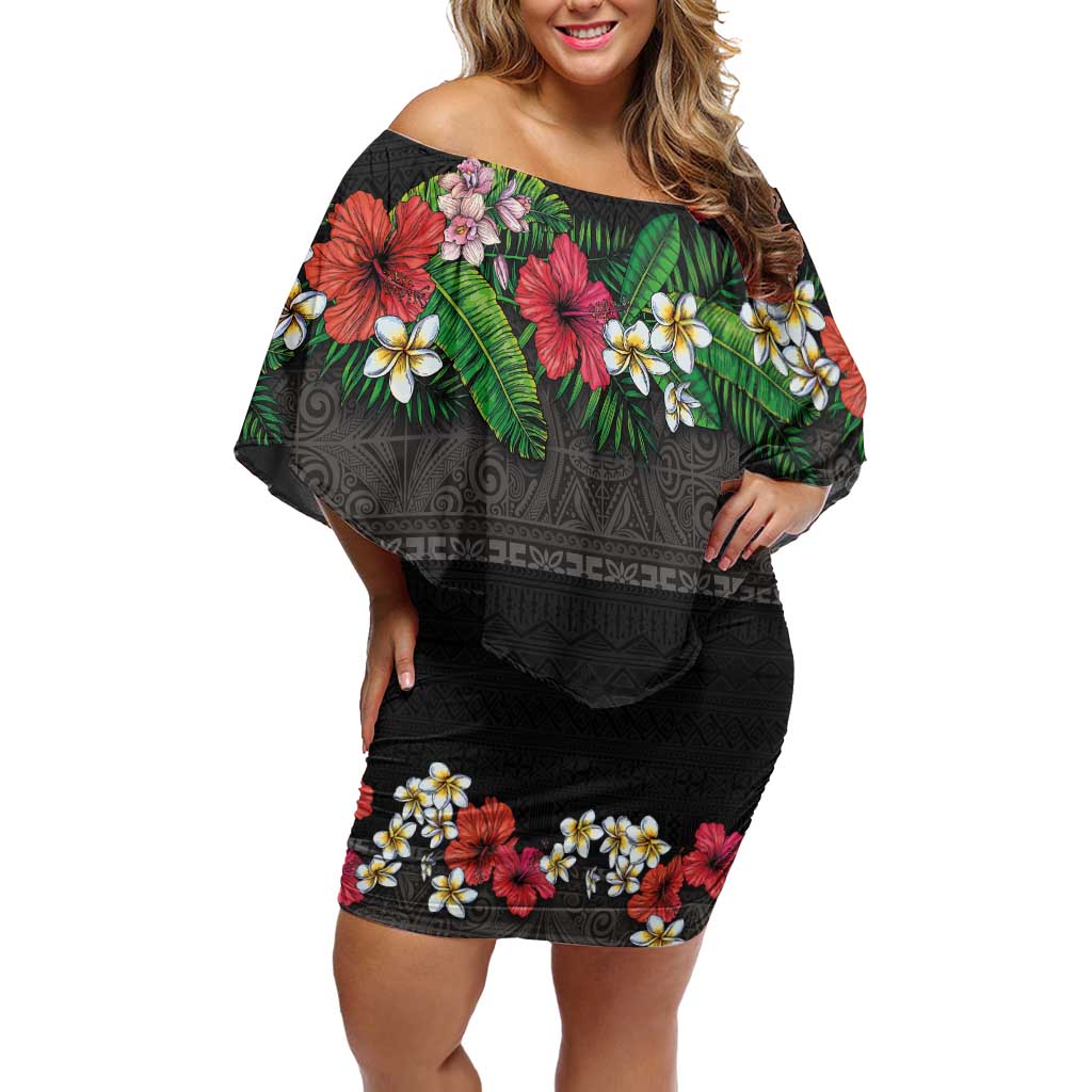 Hawaiian Tropical Flowers and Tribal Polynesian Tattoo Off Shoulder Short Dress Black Color LT03