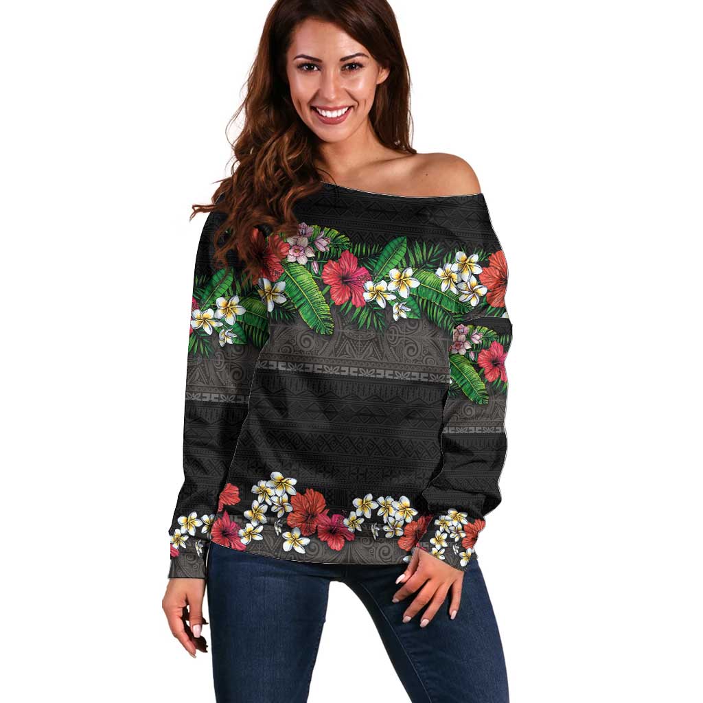 Hawaiian Tropical Flowers and Tribal Polynesian Tattoo Off Shoulder Sweater Black Color