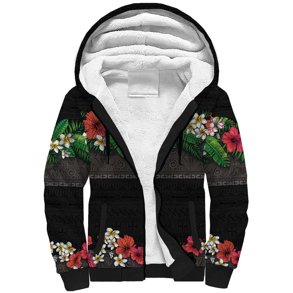 Hawaiian Tropical Flowers and Tribal Polynesian Tattoo Sherpa Hoodie Black Color