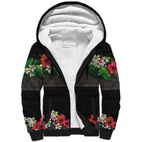Hawaiian Tropical Flowers and Tribal Polynesian Tattoo Sherpa Hoodie Black Color