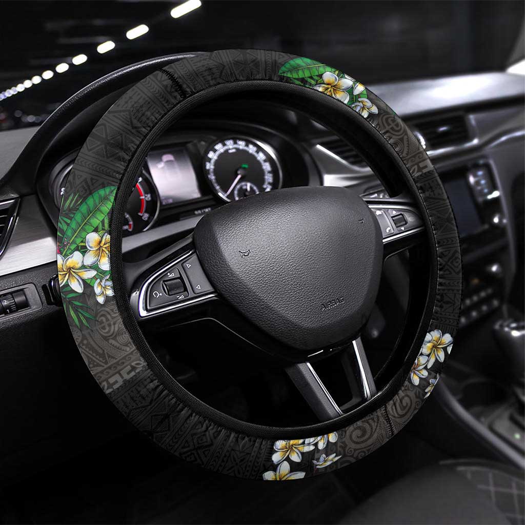 Hawaiian Tropical Flowers and Tribal Polynesian Tattoo Steering Wheel Cover Black Color