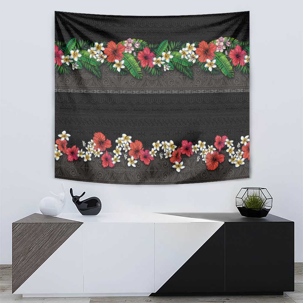 Hawaiian Tropical Flowers and Tribal Polynesian Tattoo Tapestry Black Color