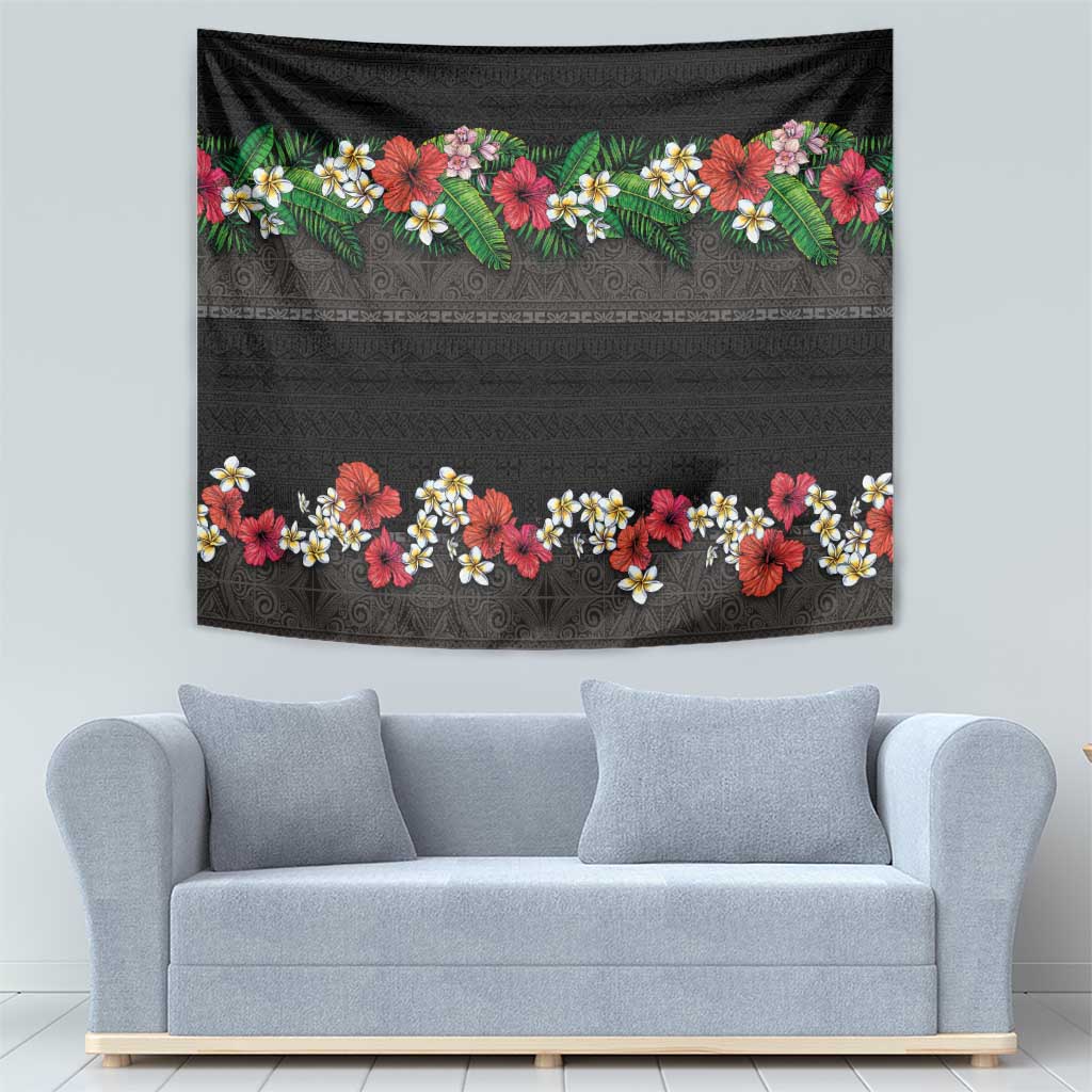 Hawaiian Tropical Flowers and Tribal Polynesian Tattoo Tapestry Black Color