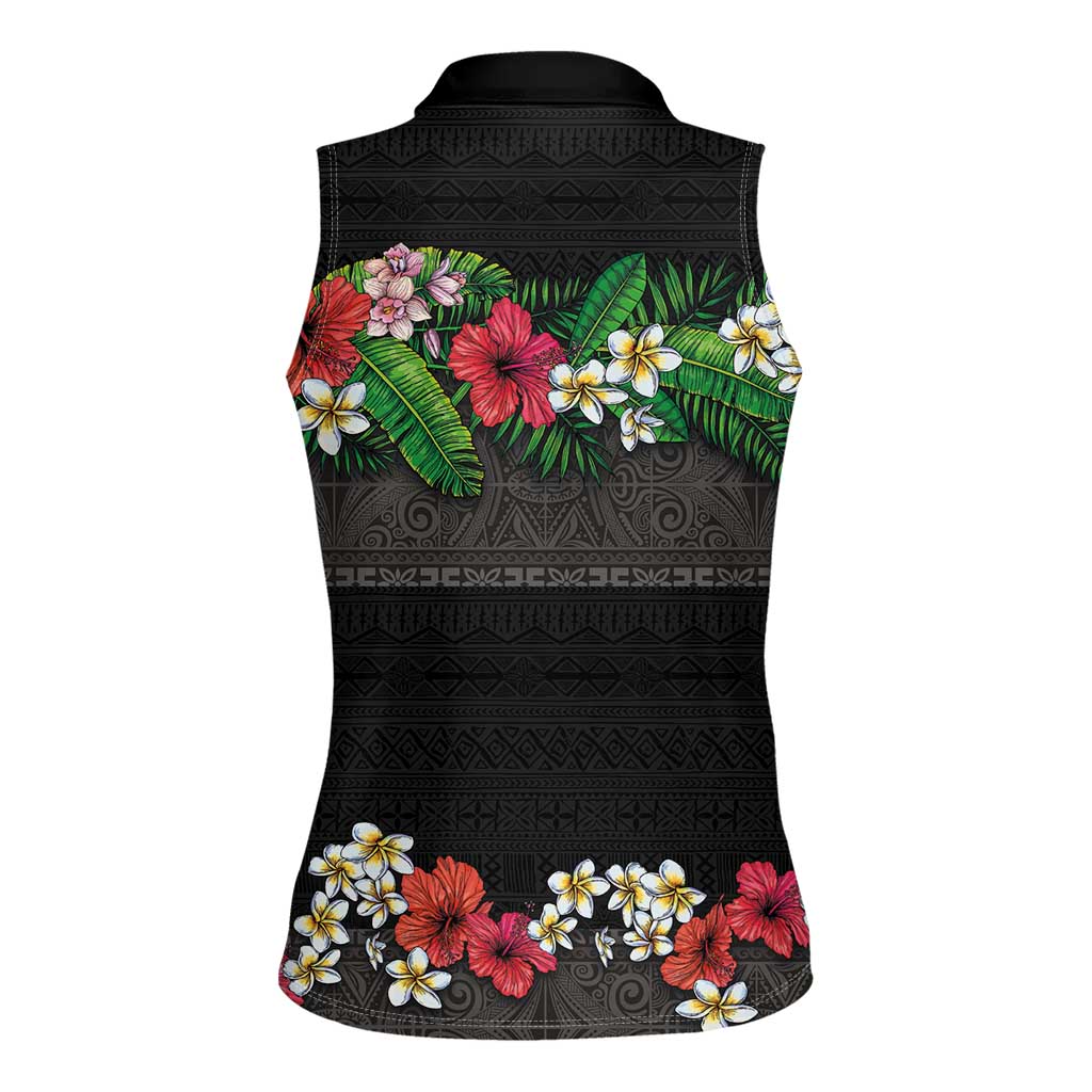 Hawaiian Tropical Flowers and Tribal Polynesian Tattoo Women Sleeveless Polo Shirt Black Color