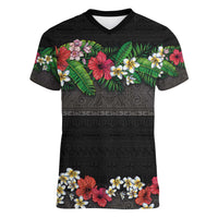 Hawaiian Tropical Flowers and Tribal Polynesian Tattoo Women V-Neck T-Shirt Black Color