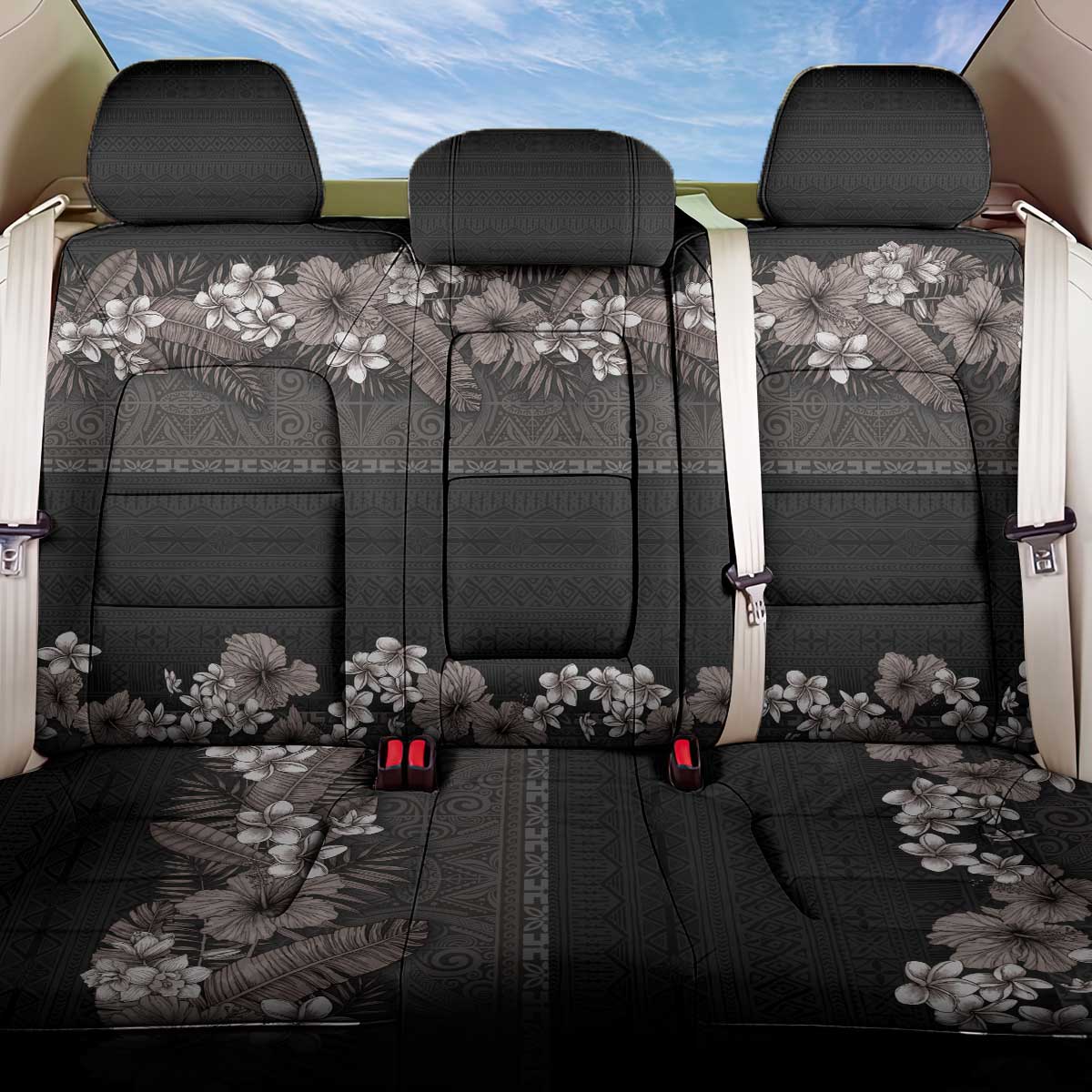 Hawaiian Tropical Flowers and Tribal Polynesian Tattoo Back Car Seat Cover Grayscale Mode