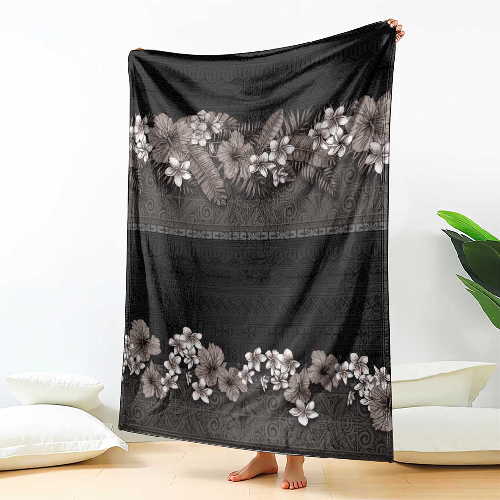 Hawaiian Tropical Flowers and Tribal Polynesian Tattoo Blanket Grayscale Mode