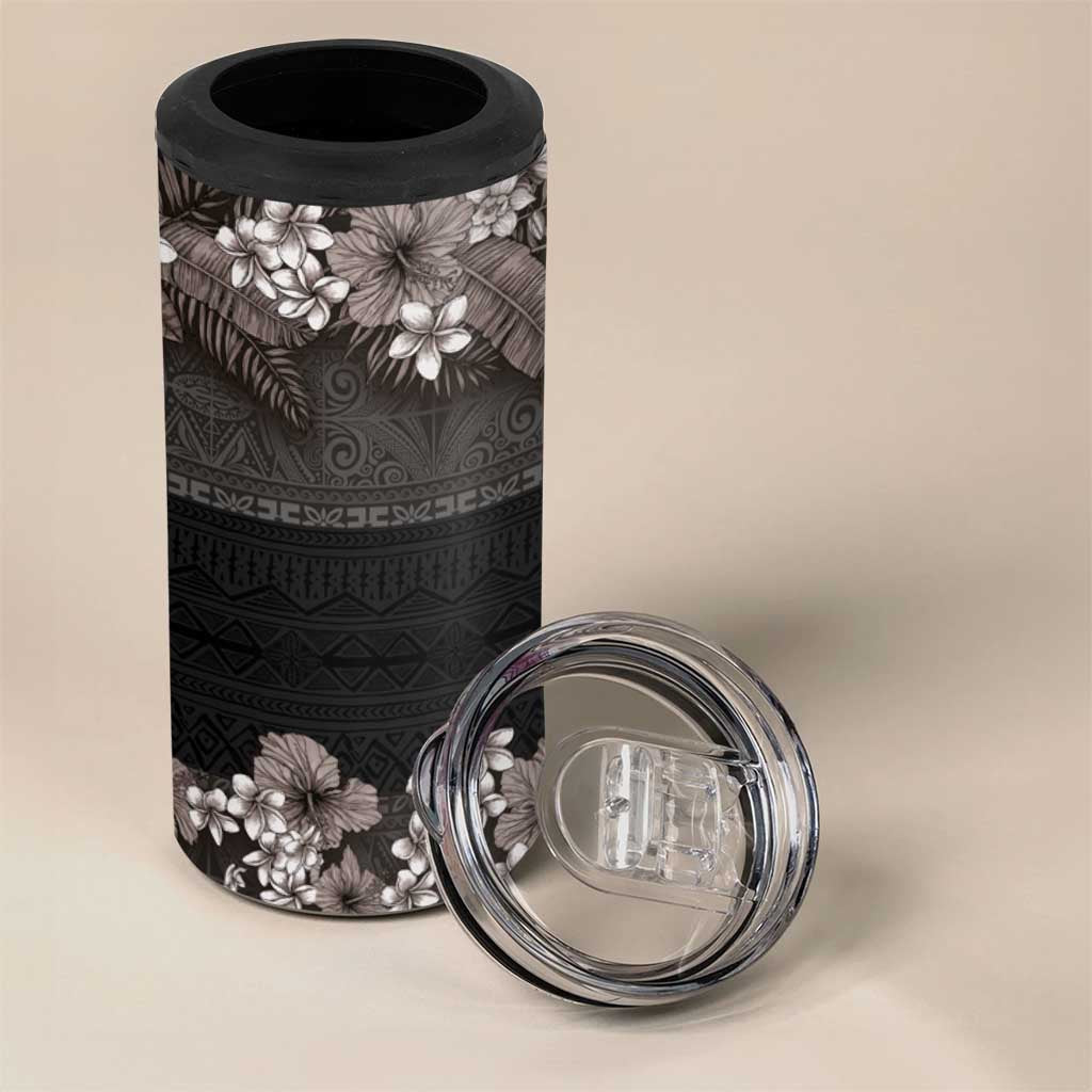Hawaiian Tropical Flowers and Tribal Polynesian Tattoo 4 in 1 Can Cooler Tumbler Grayscale Mode