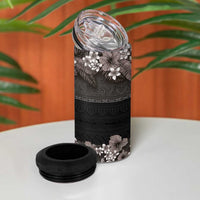 Hawaiian Tropical Flowers and Tribal Polynesian Tattoo 4 in 1 Can Cooler Tumbler Grayscale Mode