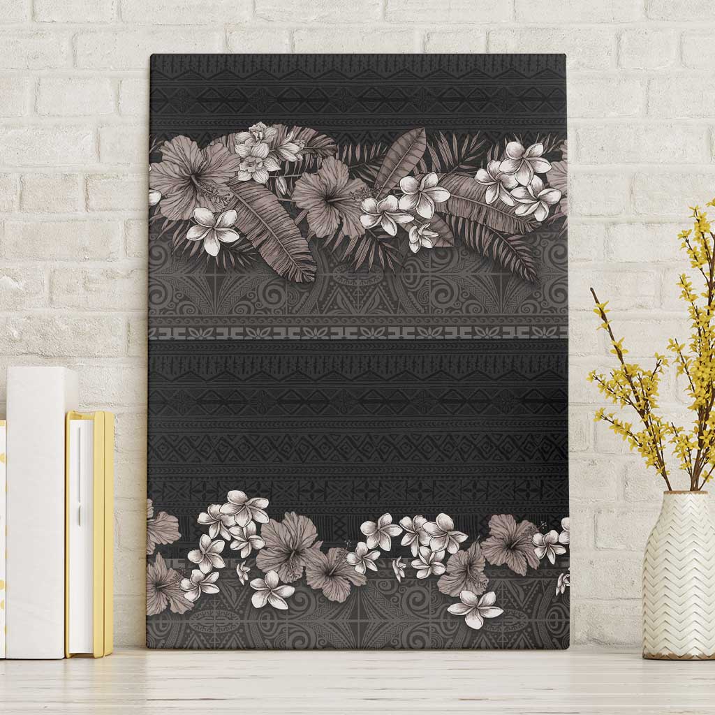 Hawaiian Tropical Flowers and Tribal Polynesian Tattoo Canvas Wall Art Grayscale Mode