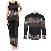 Hawaiian Tropical Flowers and Tribal Polynesian Tattoo Couples Matching Tank Maxi Dress and Long Sleeve Button Shirt Grayscale Mode