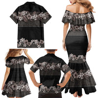 Hawaiian Tropical Flowers and Tribal Polynesian Tattoo Family Matching Mermaid Dress and Hawaiian Shirt Grayscale Mode