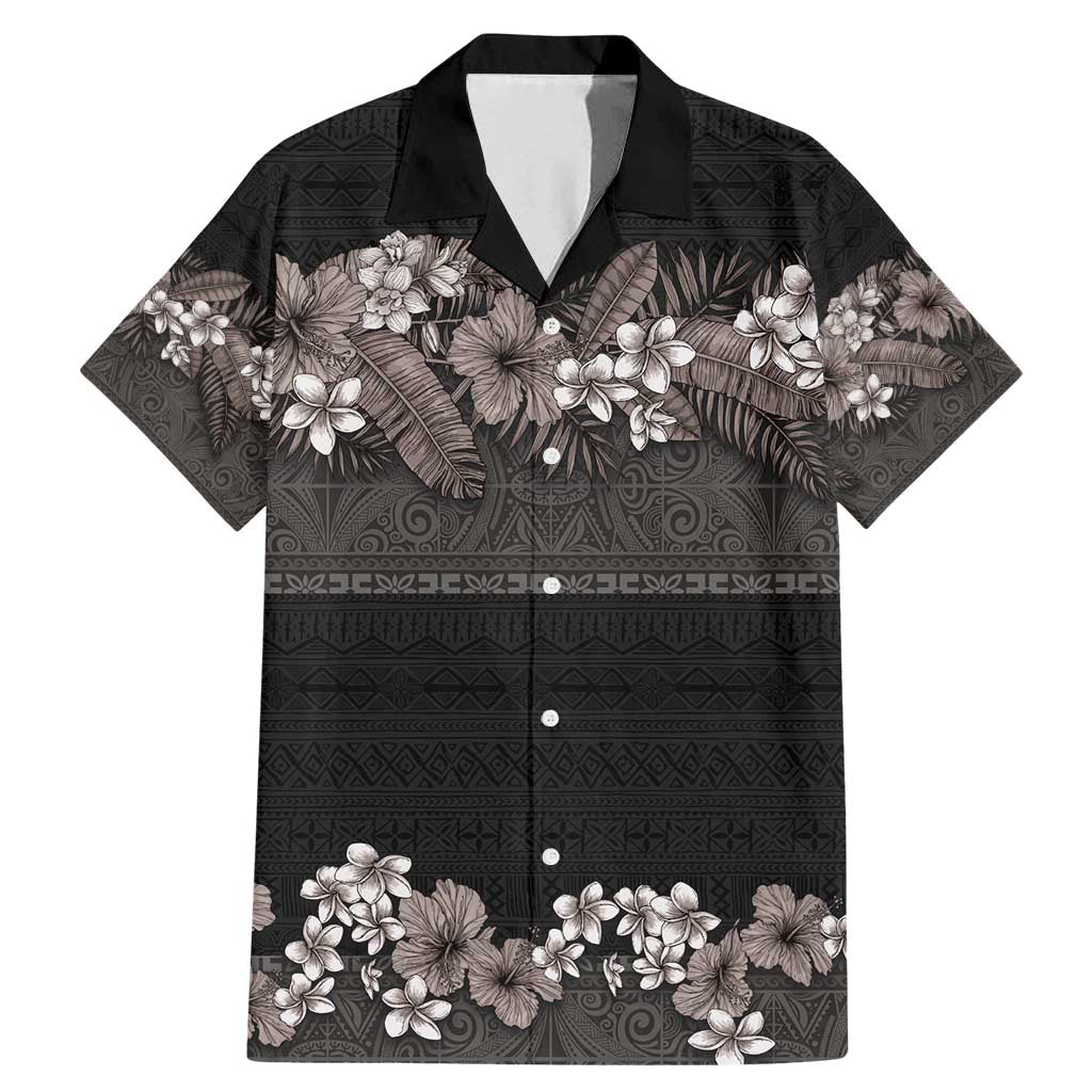 Hawaiian Tropical Flowers and Tribal Polynesian Tattoo Family Matching Mermaid Dress and Hawaiian Shirt Grayscale Mode