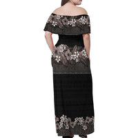 Hawaiian Tropical Flowers and Tribal Polynesian Tattoo Family Matching Off Shoulder Maxi Dress and Hawaiian Shirt Grayscale Mode