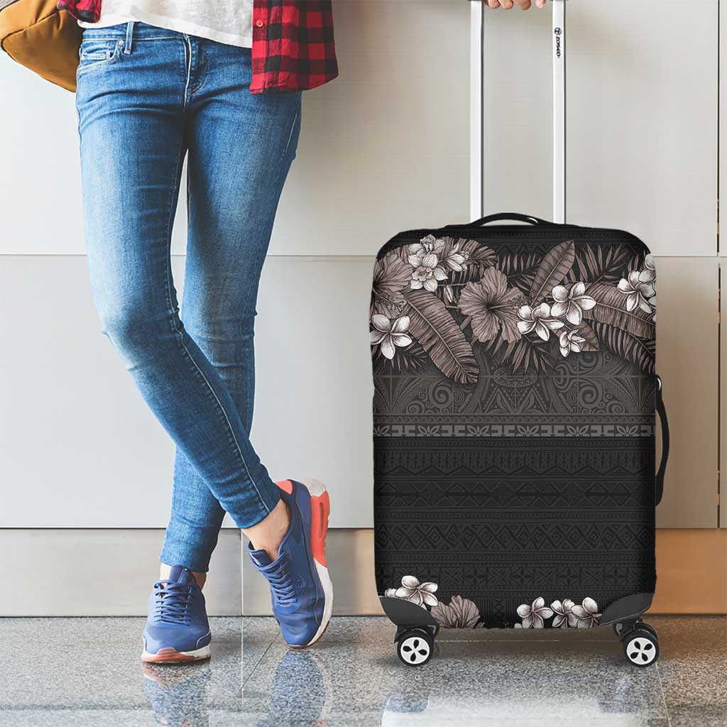 Hawaiian Tropical Flowers and Tribal Polynesian Tattoo Luggage Cover Grayscale Mode