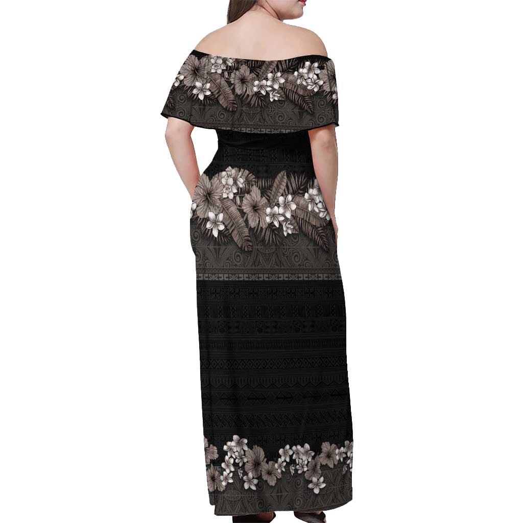 Hawaiian Tropical Flowers and Tribal Polynesian Tattoo Off Shoulder Maxi Dress Grayscale Mode