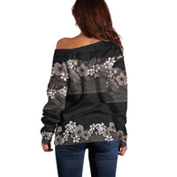 Hawaiian Tropical Flowers and Tribal Polynesian Tattoo Off Shoulder Sweater Grayscale Mode