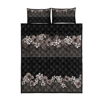 Hawaiian Tropical Flowers and Tribal Polynesian Tattoo Quilt Bed Set Grayscale Mode