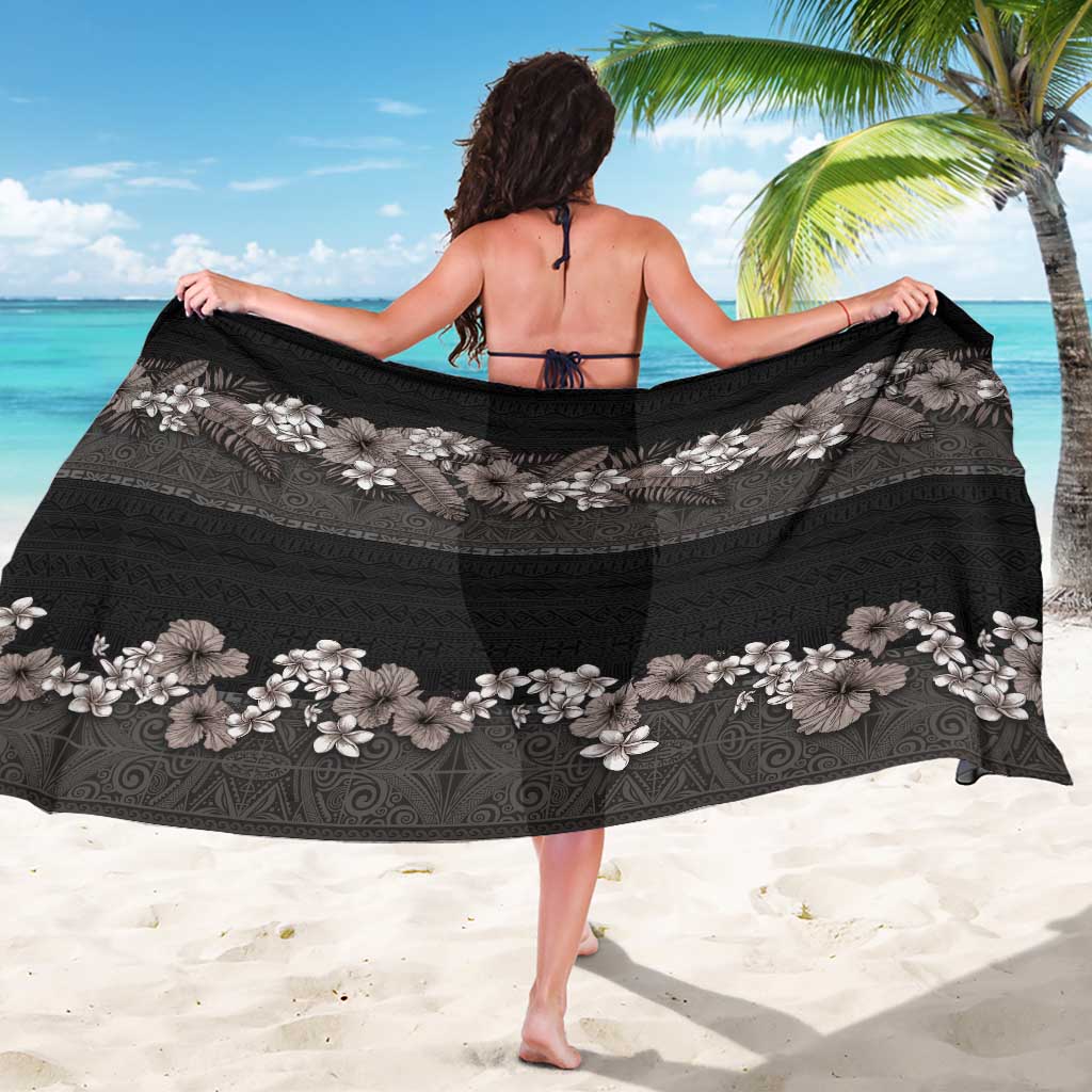 Hawaiian Tropical Flowers and Tribal Polynesian Tattoo Sarong Grayscale Mode