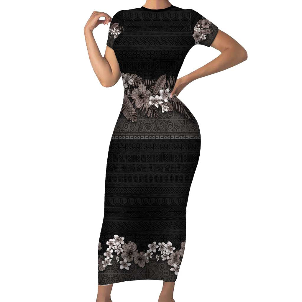 Hawaiian Tropical Flowers and Tribal Polynesian Tattoo Short Sleeve Bodycon Dress Grayscale Mode LT03 Long Dress Black - Polynesian Pride