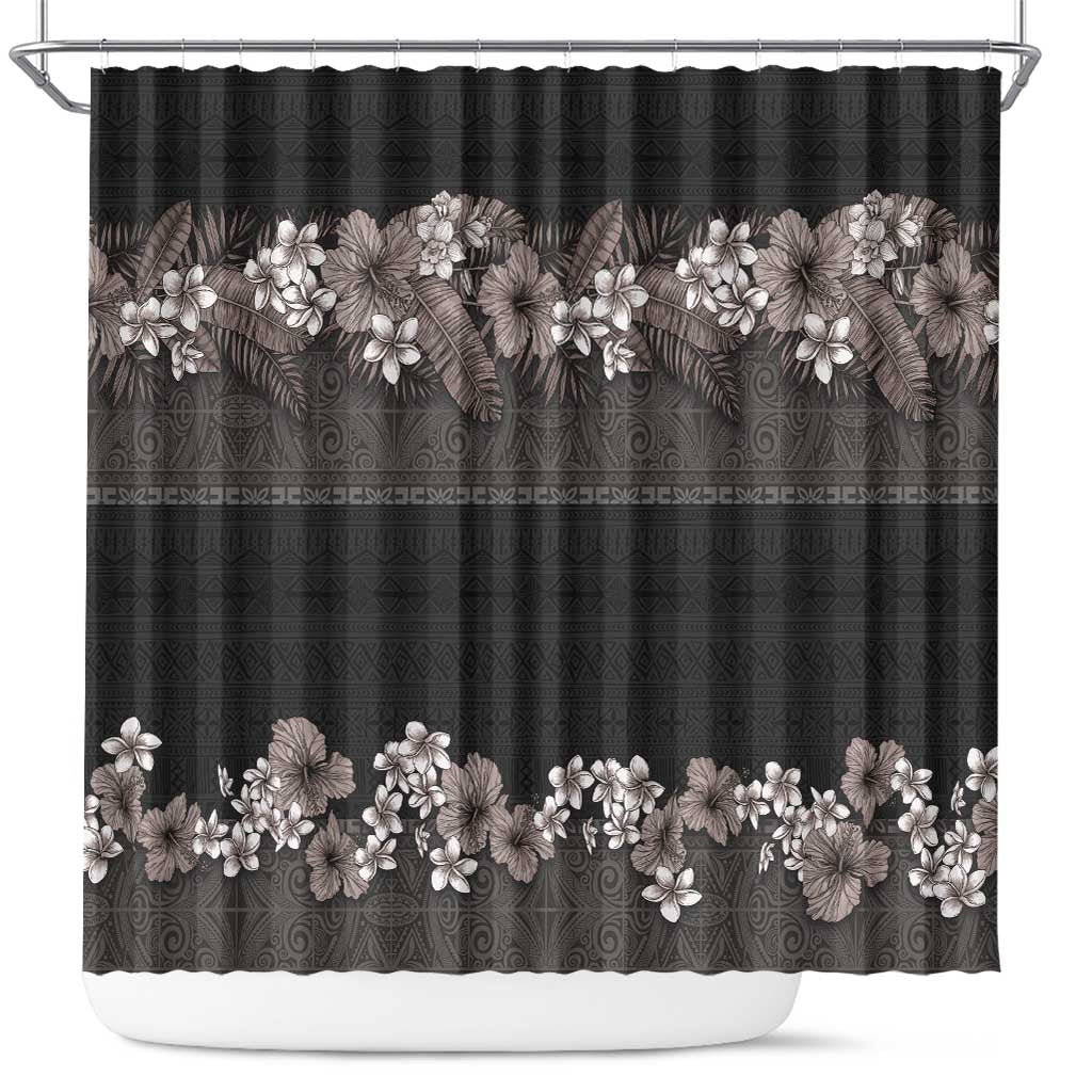 Hawaiian Tropical Flowers and Tribal Polynesian Tattoo Shower Curtain Grayscale Mode