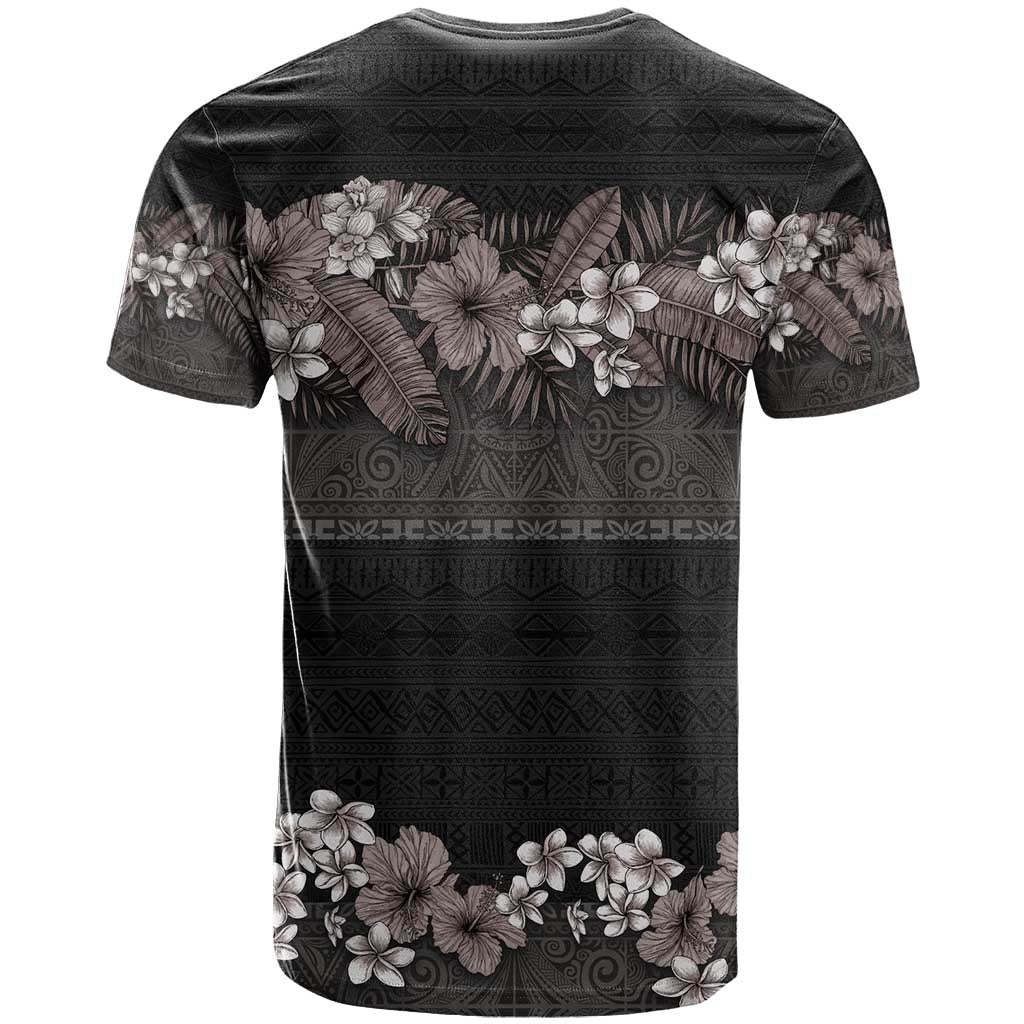Hawaiian Tropical Flowers and Tribal Polynesian Tattoo T Shirt Grayscale Mode