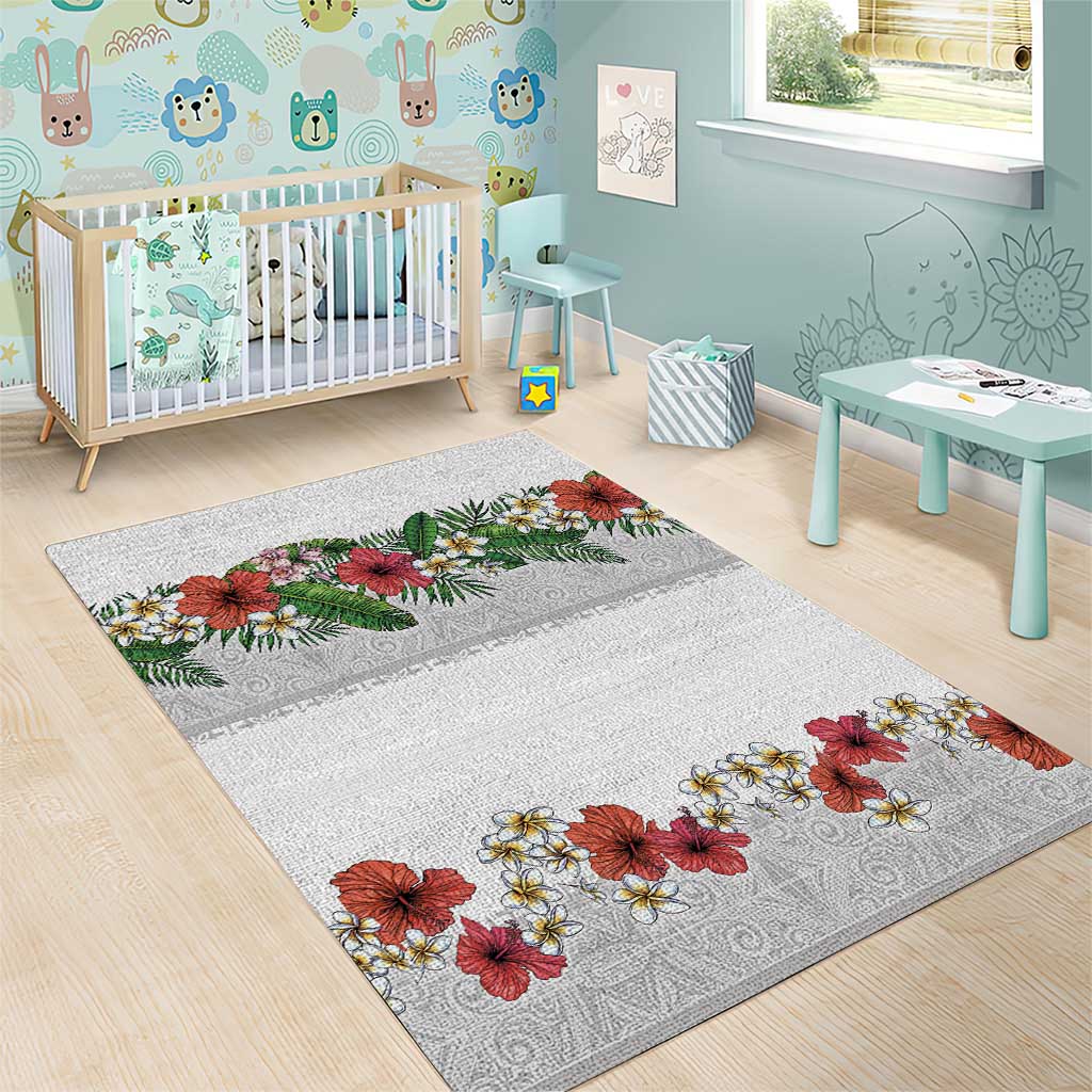 Hawaiian Tropical Flowers and Tribal Polynesian Tattoo Area Rug White Color