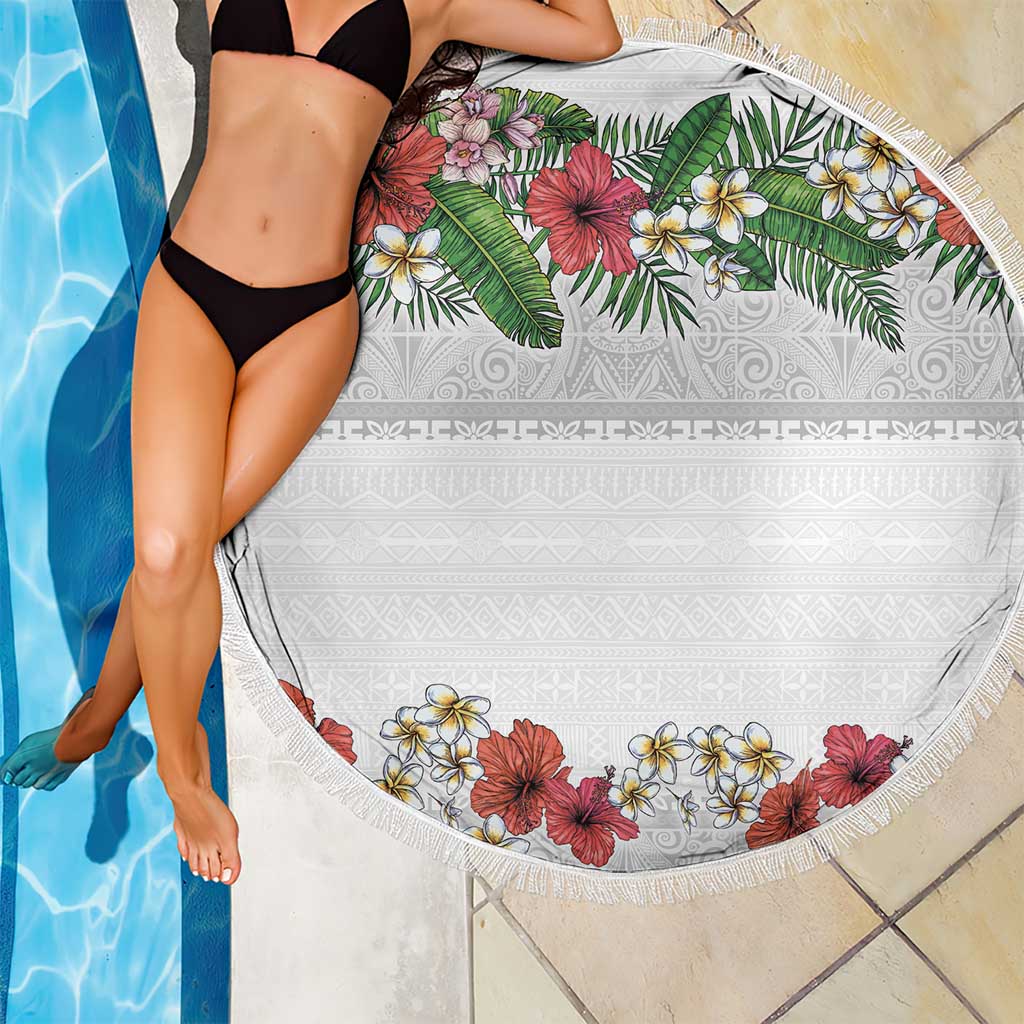 Hawaiian Tropical Flowers and Tribal Polynesian Tattoo Beach Blanket White Color