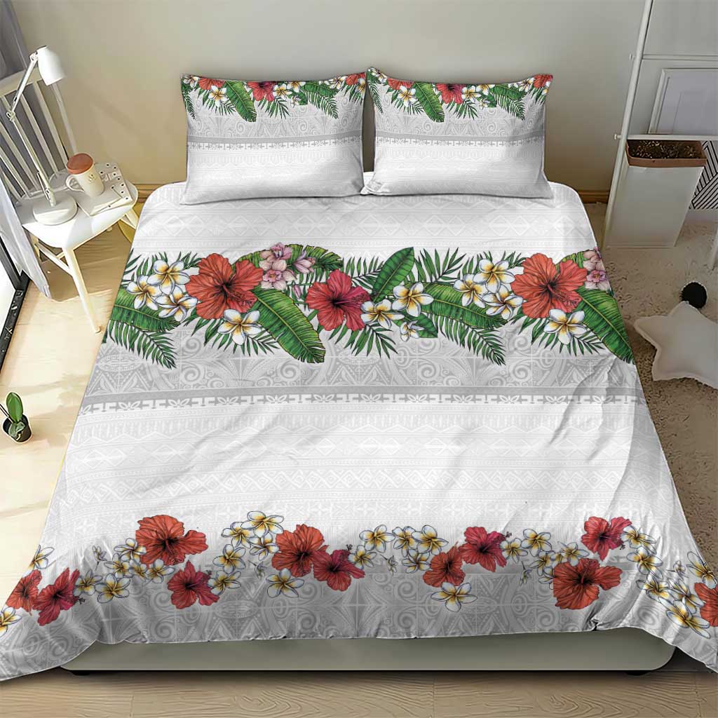 Hawaiian Tropical Flowers and Tribal Polynesian Tattoo Bedding Set White Color