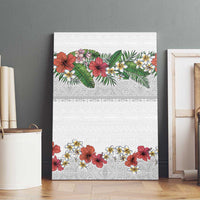 Hawaiian Tropical Flowers and Tribal Polynesian Tattoo Canvas Wall Art White Color